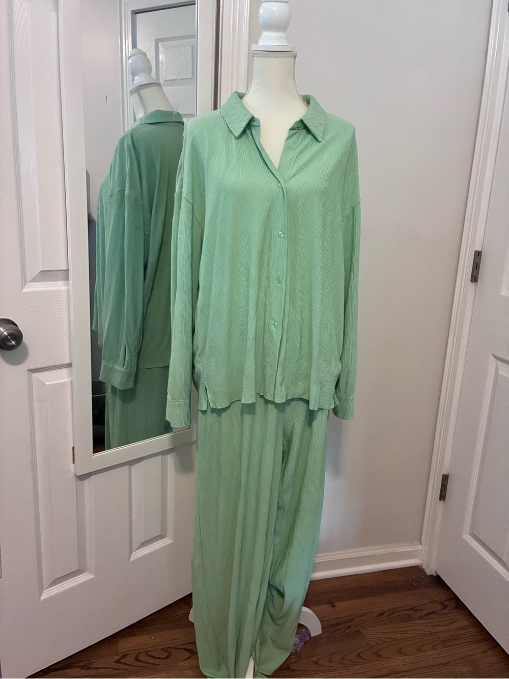 Pistachio Green Two-Piece Button-Up Top and Wide Leg Pants Set